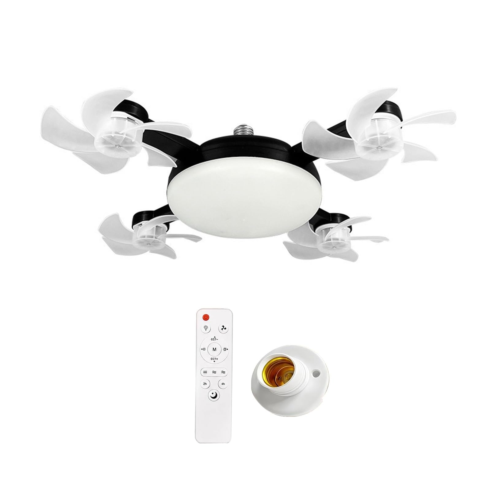 Ceiling Fan with Light and Remote Control, Foldable Blade Silent LED Fan Light, E27 Socket Fitting, 3-Speed Dimmable Lamp for Bedroom Kitchen, 40-60cm Adjustable Black 4pcs B