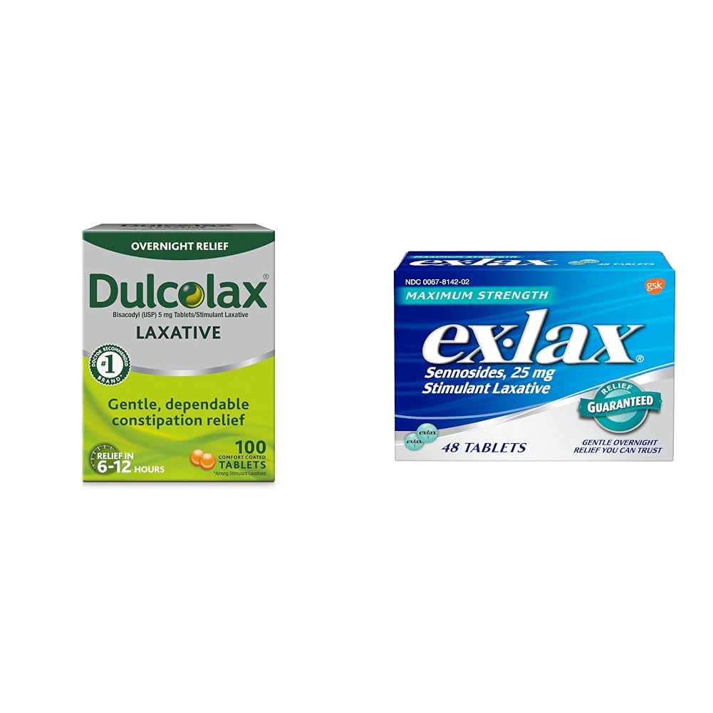 Stimulant Laxative Tablets (100 Count) Gentle Overnight Constipation Relief, Bisacodyl 5mg & ex-lax Maximum Strength Stimulant Laxative Constipation Relief Pills for Occasional Constipation