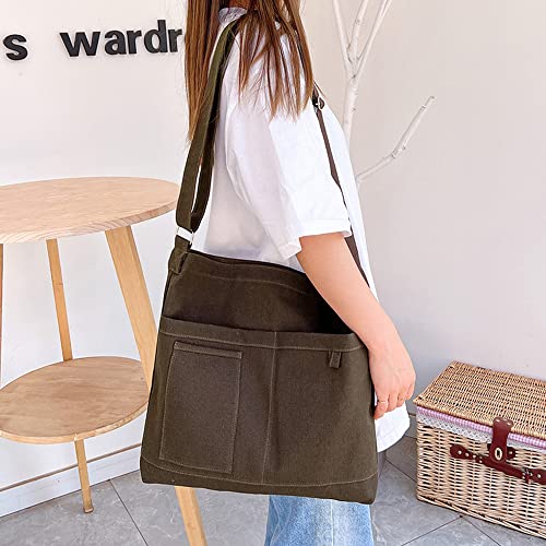 Image of Cotton Tote Handbag Women Canvas Crossbody Beach Bag Hobo Shoulder Tote Bag with 3 External Pocket,Zipper Closure