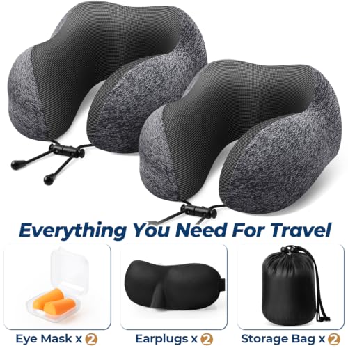 Image of ExploreBliss Travel Pillow, 2 Pack Travel Pillows for Sleeping Airplane, Removable Cover Neck Pillow with Adjustable Clasp, Memory Foam Neck Pillow Set (Dark Grey*2) | Travel Pillows for Airplanes, Neck Pillow Airplane, Memory Foam Neck Pillow Set with Eye Mask, Earplugs