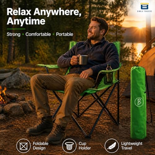 Image of BTAG Foldable Camping Chair with Armrest & Cup Holder, Portable Outdoor Chair with Carry Bag for Camping, Picnic, Fishing & Travel - Green