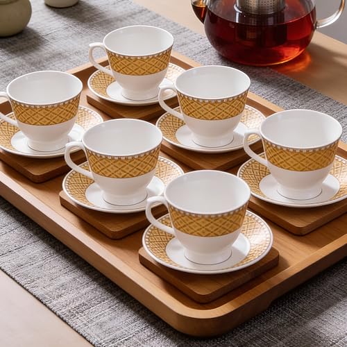 Image of UPC Premium Bone China Cup & Saucer Set (6 Pieces) | Elegant Solid Color Tea Coffee Cups | Lightweight, Durable & Glossy Finish | Ideal for Home, Office & Gifting (N-Cup white-33)