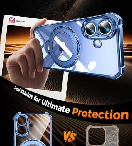 Image of Soft Case for iPhone 16 with 360 Rotating Magnetic Stand, Compatible with Mag-Safe, 4X MIL-Drop Protection, Lightweight Glossy Anti-Yellowing Clear Back Phone Cover for iPhone 16, Blue