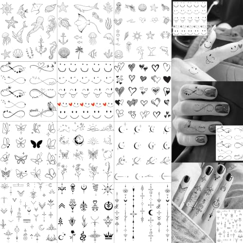 Image of 180+ PCS Bilizar 12 Sheets Small Infinity Smile Temporary Tattoos For Men Women Adults Hand Finger Tattoo Sticker, Realistic Arrow Crescent Moon Fish Fake Tattoos Ear Neck Tatoos Long Lasting Decals