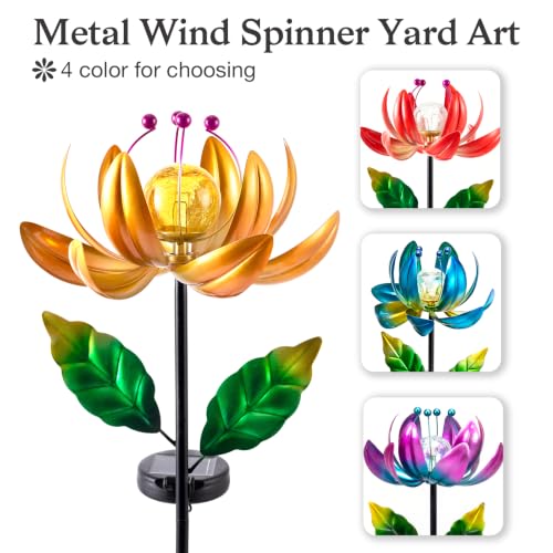 Image of Garden Decor for Outside Solar Wind Spinners for Yard-Metal Lotus Flower Windmills LED Crackle Glass Globe Outdoor Garden Decor Yard Art Lawn Ornament