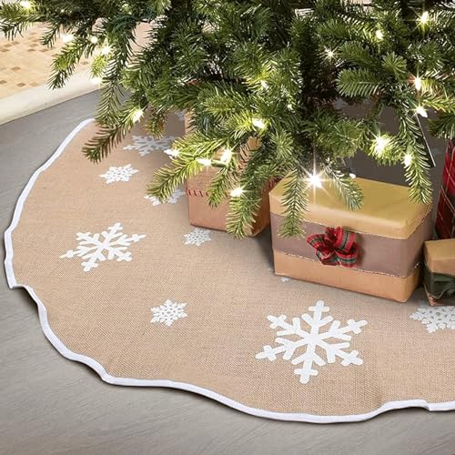 CxutSa Weihnachtsbaum Rock Leinen Weihnachtsbaumdecke mit Weiße Schneeflocke Gedruckt Weihnachtsbaumdecke Rund 120cm Weihnachtsbaumrock Weihnachtsbaum Teppich für Weihnachten Deko