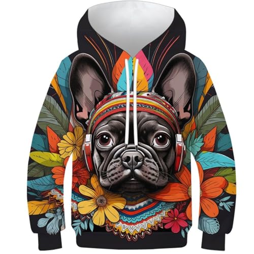 Sweat à capuche bouledogue français pour enfant avec poche kangourou multicolore