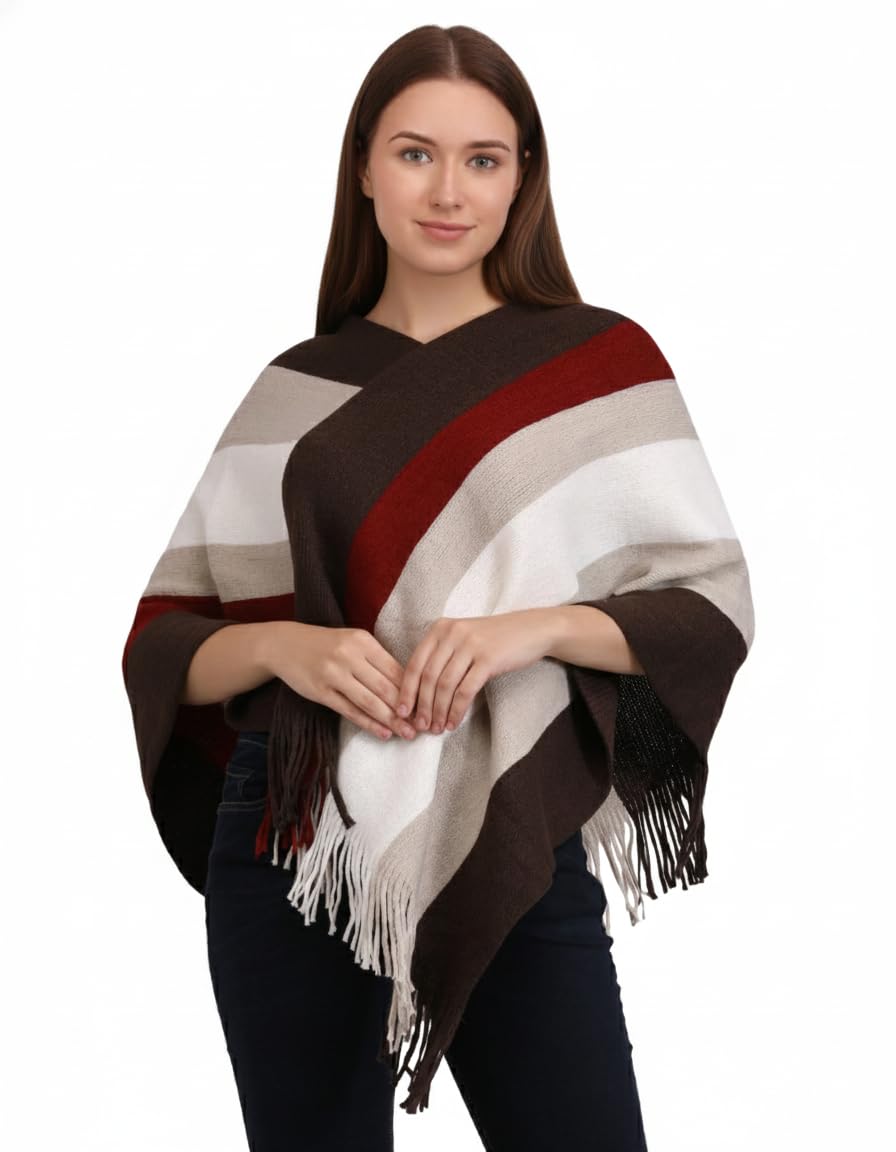 manra Women’s Elegant Knitted V-Neck Poncho Top with Stripe Patterns and Fringed Sides (SC 09 Brown-White)-picture-48