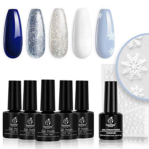 Beetles Christmas Gel Nail Polish Set- Glitter White Gel Polish Kit Soak Off LED Nail Lamp Blue Silver Gel Polish Gift with Strengthener Reinforcement Gel Nail Sticker Snowflakes Decoration Gift Box