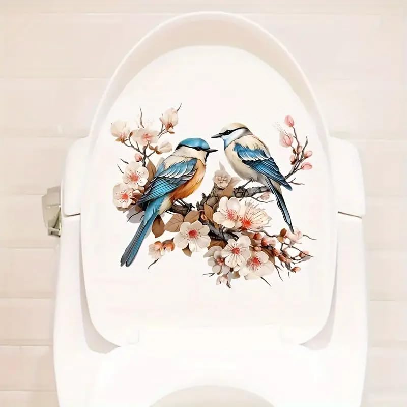 Floral Birds Scenery Toilet Cover Sticker Decals,Fish Bird Flower Leaf Waterproof Toilet Lid Tank Seat Decals Cistern Self-Adhesive Bathroom Wall Sticker