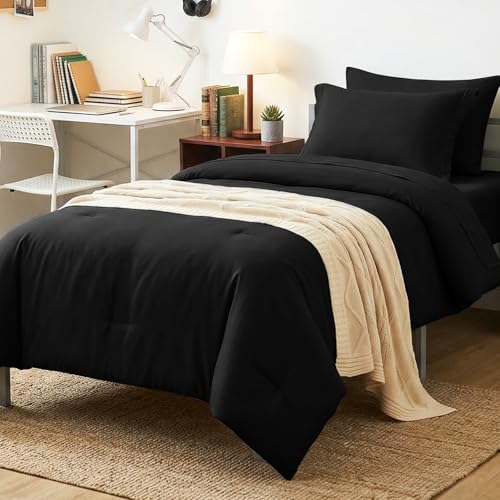 CozyLux Twin XL Comforter Set College Dorm Essentials 5 Pieces Black Bed in a Bag Twin Extra Long Comforter Set with Sheets Pillowcase & Sham Down Alternative Bedding Sets Back to School Bed Set