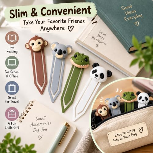 Image of 4 Pack Cute Animal Bookmarks Set | Monkey, Koala, Crocodile, Panda