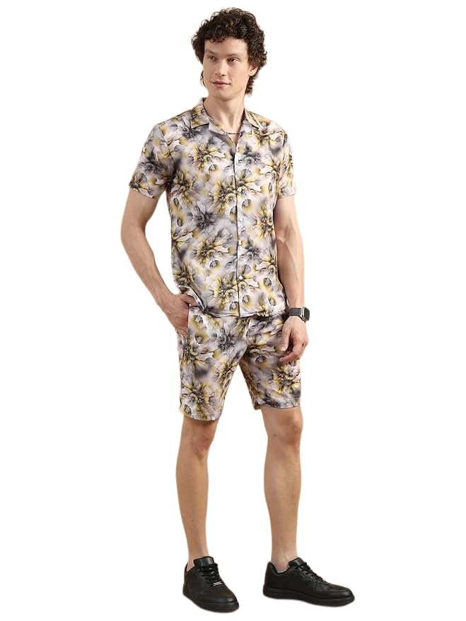 bushirt Men’s Casual Co-Ords Set Half-Sleeve Rayon Printed with Lapel Collar & Comfortable Shorts - Regular Western Style Night Suit Grey-M-picture-19