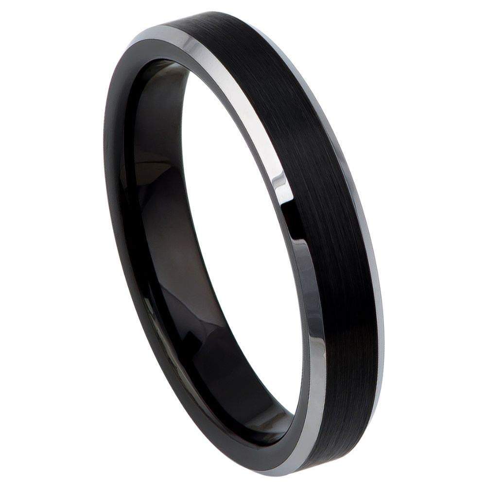 Tungsten Carbide 4mm Black Ring for Men & Women – Brushed Matte Center with Polished Beveled Edges – Ultra Slim Comfort Fit Wedding Band – Scratch Resistant & Hypoallergenic.