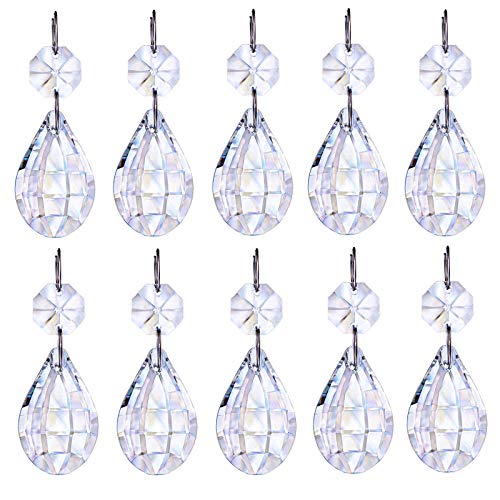 H&D HYALINE & DORA Hanging Glass Prism Parts with Silver Circle,Crystal Suncatcher for Christmas Tree Decoration, Chandelier, Art Projects, Pack of 10 (water drop shape)