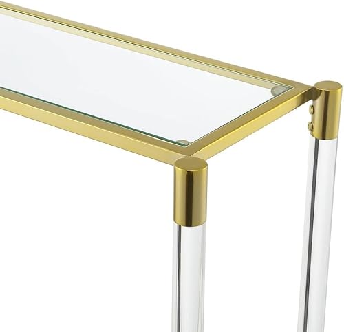 Miniatura 5 de Mesa consola de 2 niveles, mesa de cristal transparente estrecha con patas acrílicas y marco cromado dorado, pasillo o sofá
