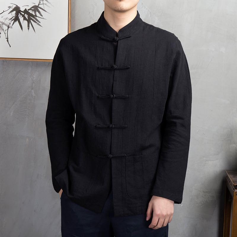 Camisa de lino para hombre estilo chino de manga larga y ajuste holgado 5
