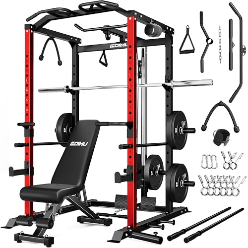 Goimu Jaula de potencia C1-V4, estante para sentadillas de 2000 libras con tracción LAT, máquina de entrenamiento de fuerza de jaula de peso multifunción, jaula de entrenamiento con más accesorios