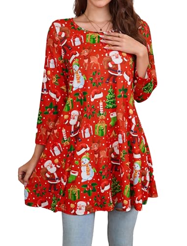 Enmain Womens Christmas Tunic Top 3/4 Sleeve Red Tunics Tops for Women UK Plus Size Round Neck Ladies Longline Swing T-Shirt Casual Santa Claus Pattern Blouse T Shirts for Xmas Festive Holiday XXL