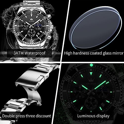 Image of OLEVS Men's Waterproof Watches Stainless Steel Waterproof Chronograph Wrist Watches Luxury Dress White Luminous Big Face Analog Quartz Male Watches