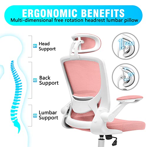 Kerdom Ergonomic Office Chair, Breathable Mesh Desk Chair, Lumbar Support Computer Chair With Headrest And Flip-Up Arms, Swivel Task Chair, Adjustable Height Gaming Chair, Pink #TOP2
