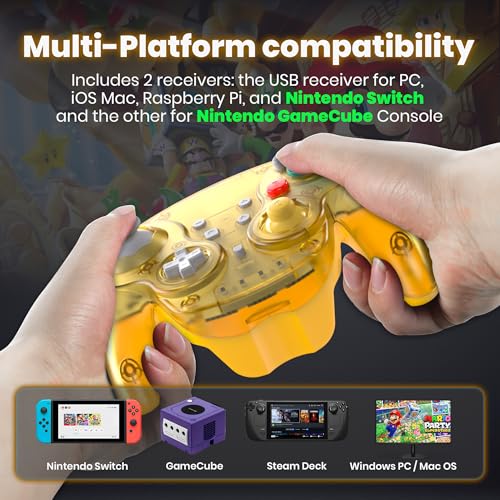 Image of 2.4 GHz Wireless GameCube Controller for Switch 1 & 2, NGC, Clear Yellow | (Built-in Vibration) (Rechargeable) (Analog Triggers / Stick) Compatible with Switch Online, Windows PC, macOS