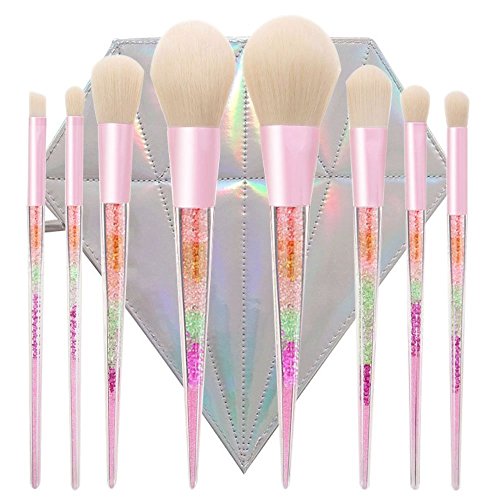 Green Beauty Mall Crystal seven color acrylic hand 8pcs Makeup Brushes Set, Professional Comestic Foundation Powder Brush with Colorful Shining Rainbow Diamond Blending Makeup Brushes with Diamond Bag