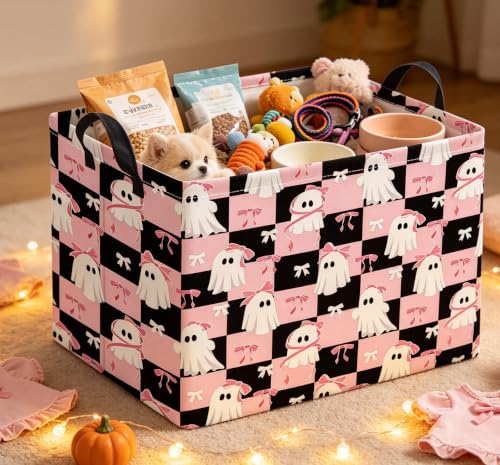 Image of Rectangle Storage Basket with Handles,Collapsible Storage Bin,Gift Basket(Pink Check Halloween)