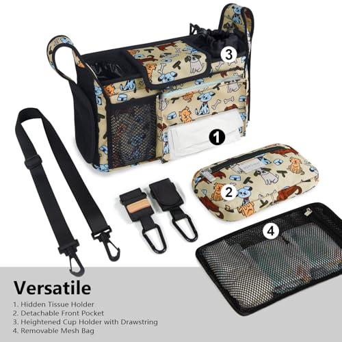 Image of TOPDesign Universal Baby Stroller Organizer, Stroller Caddy with Detachable Mesh Bag & Heightened Insulated Cup Holders & Non-Slip Secure Hooks Accessories, Fits Most Strollers (Dogs)