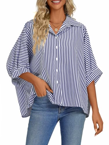 Vrtige Women's Casual Stripe Button Down Collar V Neck Half Sleeve Loose Blouse Shirt Top