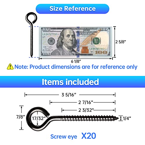 Image of Muzata 20 Pack Black Eye Hooks Screw 3.3 Inch Stainless Steel Eye Screws for Wood M6 Heavy Duty Eyelet Eyehook Securing Cables Wire Self Tapping Indoor Outdoor CR18