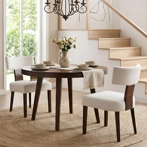 Image of Mid Century Modern Dining Chairs, Farmhouse Velvet Upholstered Accent Chair Curved Backrest Kitchen Chairs Set of 2, with Hardwood Frame, Cream, Velvet-beige