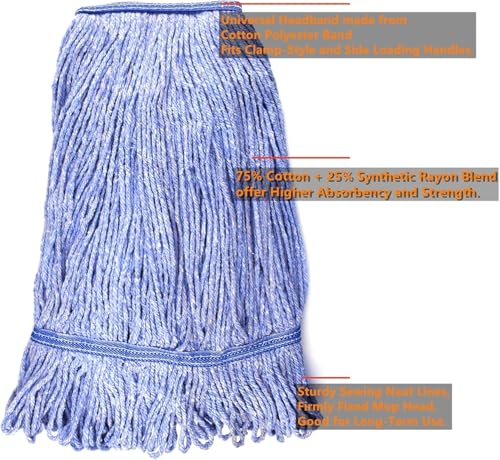 Image of String Mop Heads Replacement Heavy Duty Commercial Grade Blue Cotton Looped End Wet Industrial Cleaning Mop Head Refills (2, Medium)