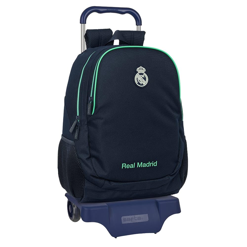 Safta | Mochila Escolar Grande con Ruedas Real Madrid 2ª Equipación 25/26, Carro 905 Extraíble 85 cm Alto, 2 Compartimentos, Portabotellas, Hombreras Ergonómicas Acolchadas, Medidas 32x16x44 cm