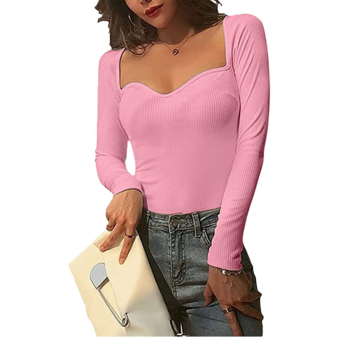 GLARE & BLAIRSolid Sweetheart Neck Long Sleeves Regular Fit Casual Ribbed Tops for Women
