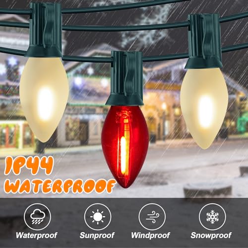 Image of C7 LED Red and Frosted White Christmas Lights 25FT Outdoor Christmas Decorations String Lights with 27 Shatterproof LED Bulbs, Hanging Vintage Christmas Light for Outdoor Garden Wedding Roofline Patio