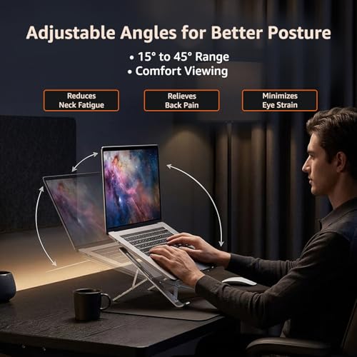 Image of amazon basics Laptop Stand, Height-Adjustable, Foldable, Portable, Ventilated, Fits Up to 15.6-Inch Laptops (Aluminium Alloy, Silver)