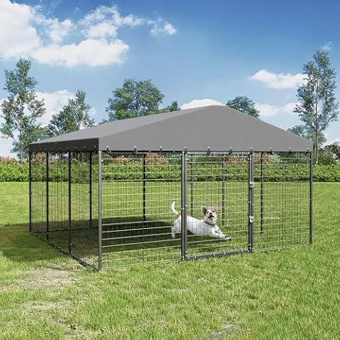 Kullavik Large Outdoor Dog Kennel,118" x 118" x 70.9" Heavy Duty Dog Cage with Roof,Galvanized Steel Dog Enclosure Fence with Double Security Locks,Black Cover
