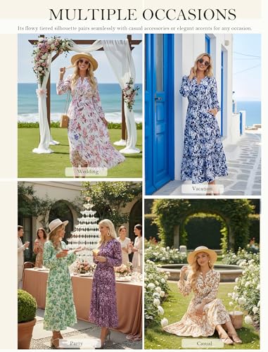 Image of GRACE KARIN Women's Floral Maxi Dress 2026 Fall Long Sleeve V Neck Empire Waist A Line Flowy Dress with Pocket