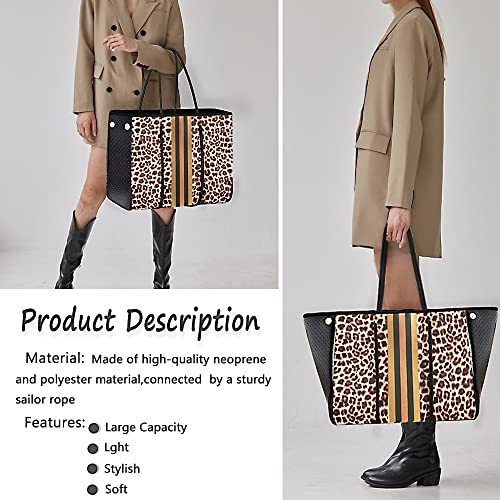 Neoprene Tote Bag, Beach Bag Waterproof Sandproof, Tote Bag for Women, Large Tote Bag with Portable Wallet for Beach, Swimming, Gym bag, Travel bag （Leopard Print）2