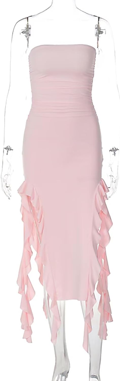 Women Strapless Tube Top Dress Elegant Ruched Side Thigh Split Irregular Dresses Pink M - Image 4