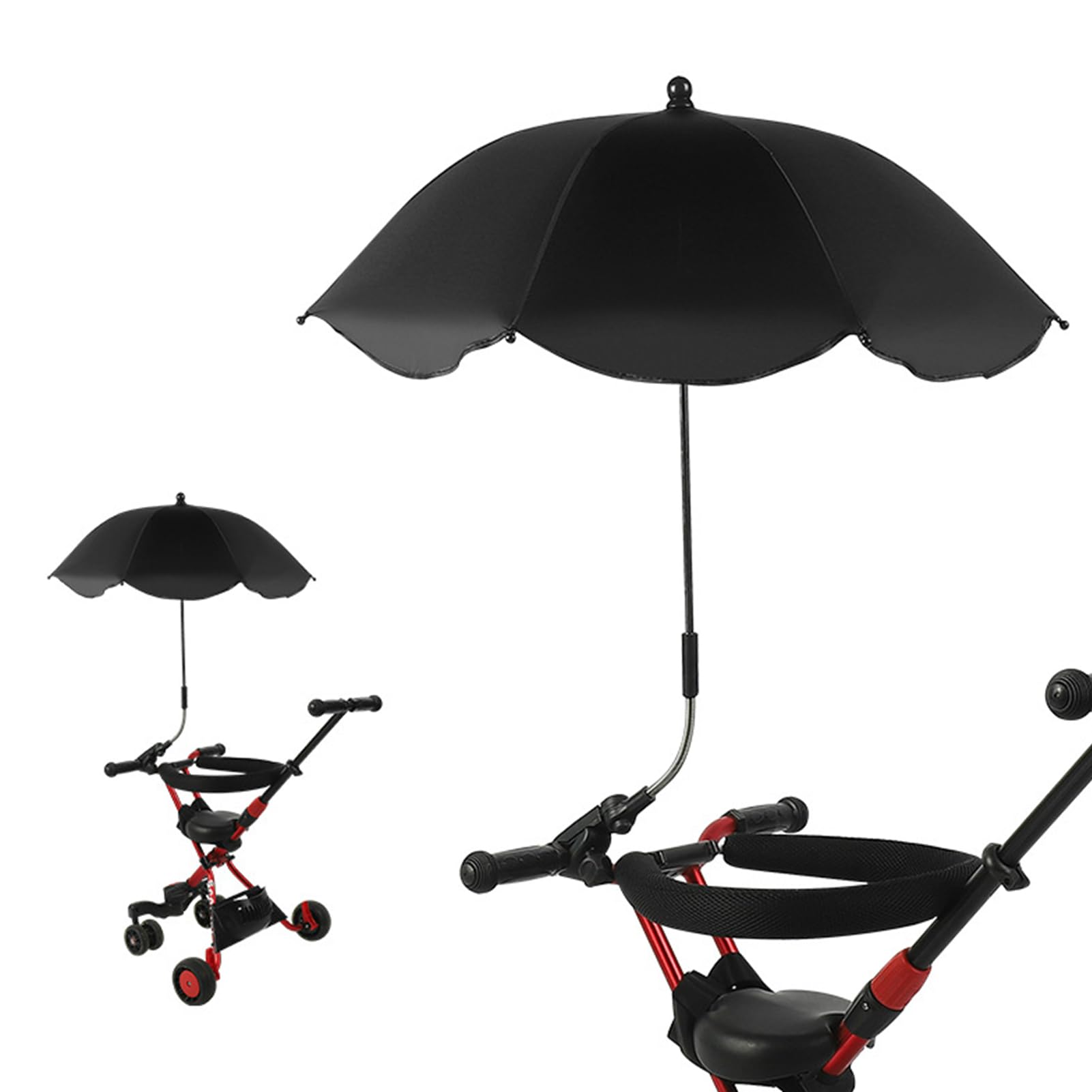 Skeadex Parasol Sun Protection for Prams, Prams, Parasol with Universal Clip, Diameter 78 cm, 360° Adjustable, UV Protection 50+, for Round and Oval Tubes, black, S