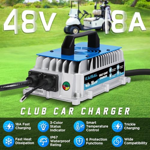 Club Car Charger 48V 18A Smart 1250W Golf Cart Battery Charger 48 Volt, IP67 Waterproof, 4-6 hrs Full Charge, 16FT Cable, for All Years 48V Club Car Golf Cart 48 Volt with Lead-Acid Battery