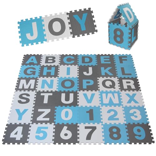 ALPIDEX Kinder Puzzlematten 86-teilig | Buchstaben & Zahlen | 36 Matten - 30 x 30 x 1cm | Spielteppich Baby Krabbelmatte Kinderteppich Puzzle Lernteppich XXL Bunt, Farbe: Blau
