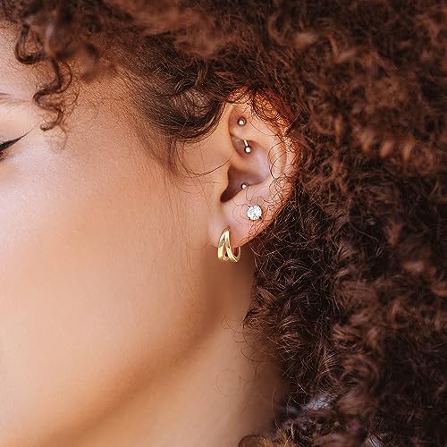 DAILY VIBES Small Gold Huggie Hoop Earrings for Women 14K Real Gold Plated Dainty Sterling Silver Post Split Mini Hoops Double Chain Drop Dangle Earrings for Women2