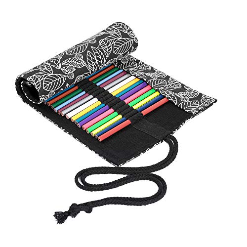 Image of Denifiter 24 Slots Colored Pencils Roll Bag, Pen Paint Brush Storage Pouch Portable for Artist, Women, Men (Black Leaf)