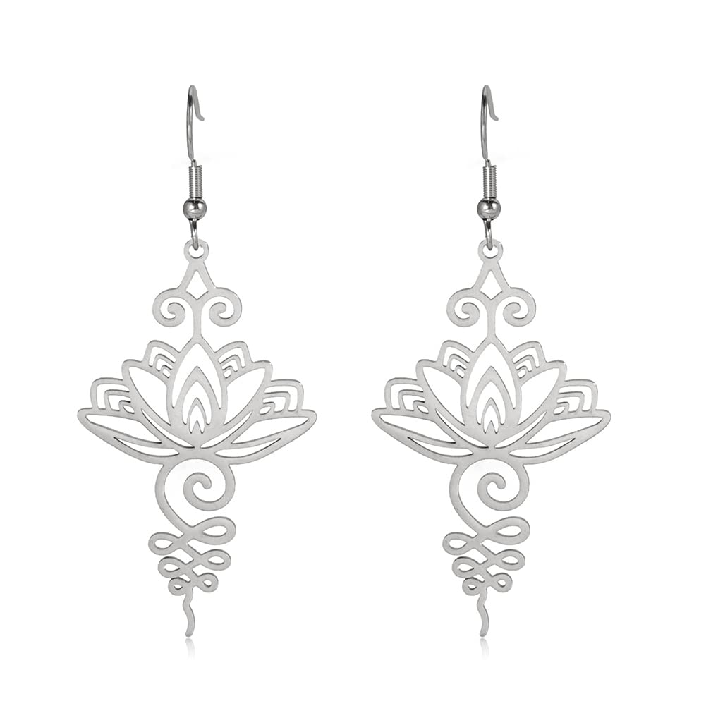 Lotus Flower Dangling Earrings for Women Yoga Healing Charms Unalome Symbol Amulet Stainless Steel Jewellery Lotus Flower Buddha Yoga Earrings