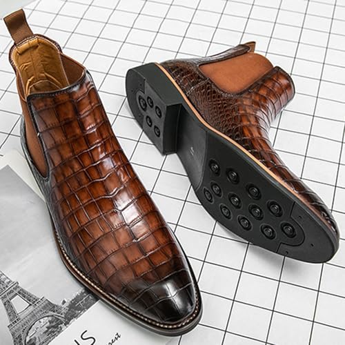 Men's Leather Print High Top Slip On Chelsea Boots Fashion British Style Pointed Toe Elastic Band Ankle Boots Business Casual Dress Oxford Boots2