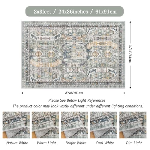Madane Washable Area Rug 2x3, Small Entryway Rug Non-Slip Vintage Door Mat Indoor Entrance, Low Pile Floor Carpet for Inside Front Door Bedroom Kitchen Entry Laundry (2'x3', Green/Gold)