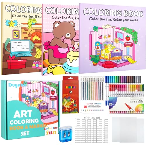 Cute Coloring Book Set for Teens Adults Relaxation Easy and Simple Designs Coloring Book for Teens Girls Stress Relief Gifts for Women with 36 Colors Markers & 12 Glitter Pens & 12 Colored Pencils